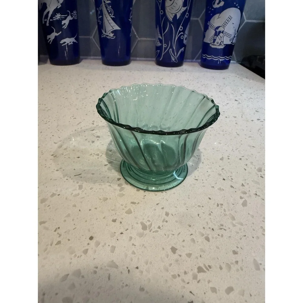 Jeannette Petal Swirl Ultramarine Teal Sherbet Bowl Mid Century Depression Glass